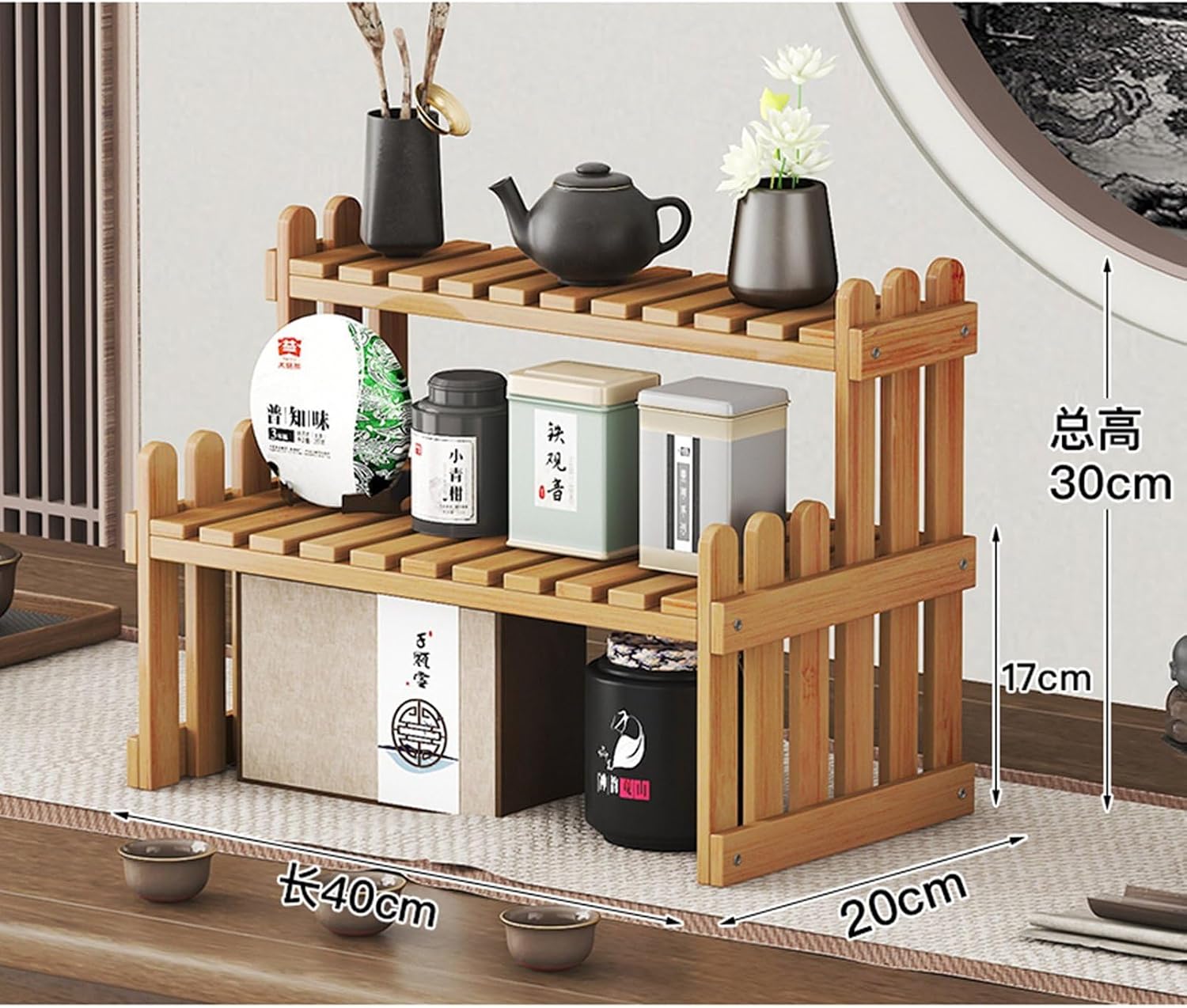 ホルダー茶器収納棚 卓上収納ラック 引き出し付き アンティーク棚 木製